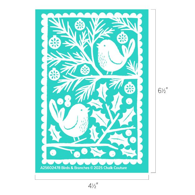 Stencil design with two birds perched on branches with pine, holly leaves, berries, and pinecones; decorative scalloped border. Dimensions: 4.5 inches wide by 6.5 inches tall.