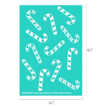 Show details for Candy Cane Pattern A turquoise rectangle with white candy cane illustrations, some solid and some with stripes, scattered across the surface. Dimensions are 6½ inches tall by 4½ inches wide.