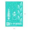 A teal stencil sheet with white holiday designs including a Christmas tree with "FA LA LA," a snowman, several Santa faces, and books with "I'M BOOKED." The sheet measures 4.5 by 6.5 inches.