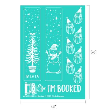 Show details for I'm Booked A teal stencil sheet with white holiday designs including a Christmas tree with "FA LA LA," a snowman, several Santa faces, and books with "I'M BOOKED." The sheet measures 4.5 by 6.5 inches.