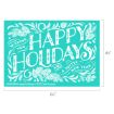 A teal card with white festive illustrations of pine branches and berries, reading “Wishing you HAPPY HOLIDAYS and a joyful NEW YEAR.” Card dimensions are 6.5 by 4.5 inches.