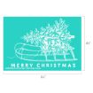A white line drawing of a sled carrying a Christmas tree on a teal background with the text "MERRY CHRISTMAS" below. Dimensions are 6½" wide by 4½" tall.