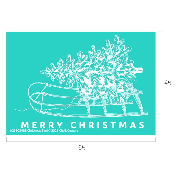 A white line drawing of a sled carrying a Christmas tree on a teal background with the text "MERRY CHRISTMAS" below. Dimensions are 6½" wide by 4½" tall.