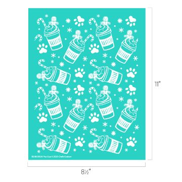 Show details for Pup Cup A turquoise stencil sheet featuring repeating patterns of whipped cream dog pup cups, candy canes, dog bones, and paw prints. The sheet measures 8.5 by 11 inches.