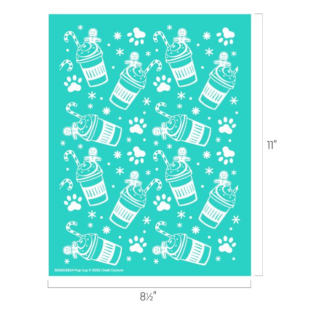 A turquoise stencil sheet featuring repeating patterns of whipped cream dog pup cups, candy canes, dog bones, and paw prints. The sheet measures 8.5 by 11 inches.