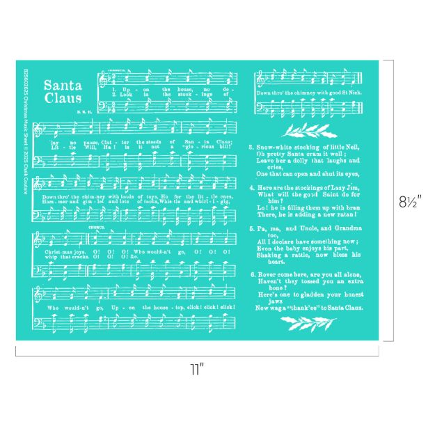 Teal sheet music titled "Santa Claus" with white musical notes, staves, and song lyrics printed in sections across the page. The sheet measures 8.5 inches by 11 inches.