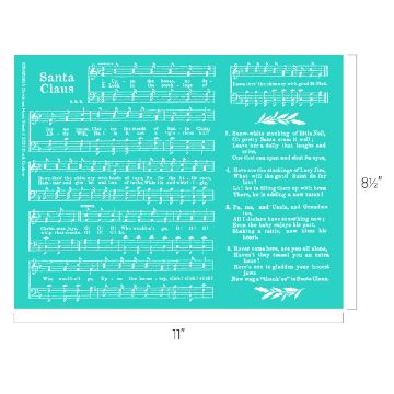 Show details for Christmas Music Sheet Teal sheet music titled "Santa Claus" with white musical notes, staves, and song lyrics printed in sections across the page. The sheet measures 8.5 inches by 11 inches.