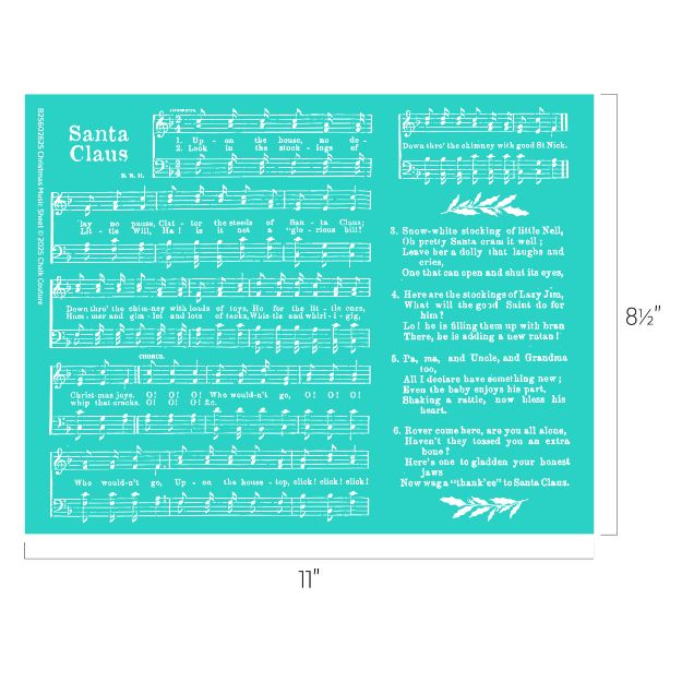 Teal sheet music titled "Santa Claus" with white musical notes, staves, and song lyrics printed in sections across the page. The sheet measures 8.5 inches by 11 inches.