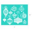 A teal background with twelve white, intricately patterned Christmas ornaments of various shapes and sizes arranged in rows. Dimensions are 11 inches wide by 8.5 inches tall.