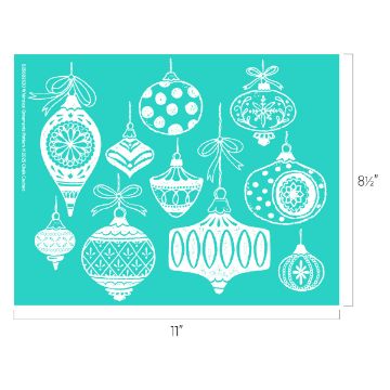 Show details for Whimsical Ornaments Pattern A teal background with twelve white, intricately patterned Christmas ornaments of various shapes and sizes arranged in rows. Dimensions are 11 inches wide by 8.5 inches tall.