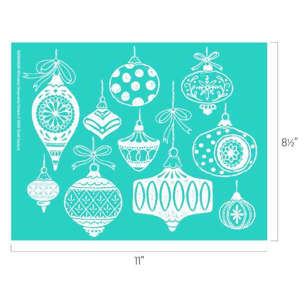 A teal background with twelve white, intricately patterned Christmas ornaments of various shapes and sizes arranged in rows. Dimensions are 11 inches wide by 8.5 inches tall.