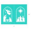 Two turquoise panels with white stained-glass designs: one shows an angel above Mary, Joseph, and baby Jesus; the other shows three wise men approaching under a large star. Both panels feature arched windows. Dimensions: 8.5" x 11".