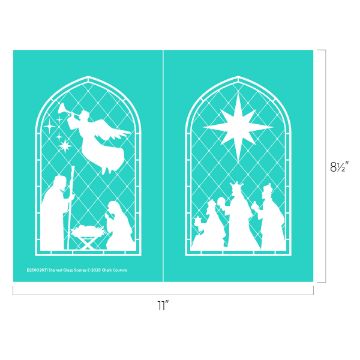 Show details for Stained Glass Scenes Two turquoise panels with white stained-glass designs: one shows an angel above Mary, Joseph, and baby Jesus; the other shows three wise men approaching under a large star. Both panels feature arched windows. Dimensions: 8.5" x 11".