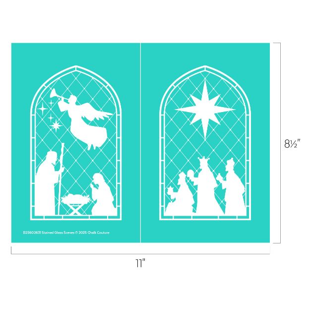 Two turquoise panels with white stained-glass designs: one shows an angel above Mary, Joseph, and baby Jesus; the other shows three wise men approaching under a large star. Both panels feature arched windows. Dimensions: 8.5" x 11".
