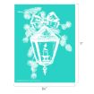 A white sketch of a lantern with a lit candle, pine branches, cones, and a large ribbon bow on a teal background. The image measures 8.5 inches wide by 11 inches tall.