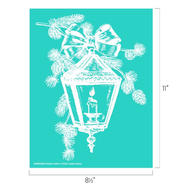 A white sketch of a lantern with a lit candle, pine branches, cones, and a large ribbon bow on a teal background. The image measures 8.5 inches wide by 11 inches tall.