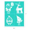 A teal sheet with four white holiday character illustrations: Santa holding a gift, a reindeer with a scarf, a penguin holding a present, and a waving elf. Dimensions are 11 by 8.5 inches.