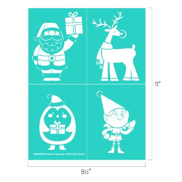 Show details for Christmas Characters A teal sheet with four white holiday character illustrations: Santa holding a gift, a reindeer with a scarf, a penguin holding a present, and a waving elf. Dimensions are 11 by 8.5 inches.