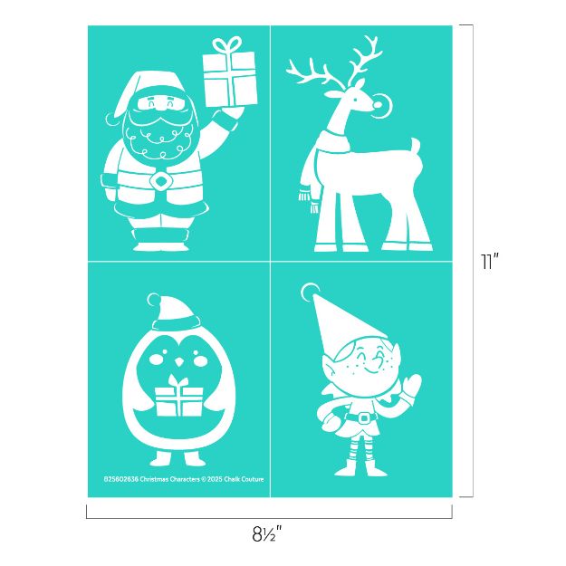 A teal sheet with four white holiday character illustrations: Santa holding a gift, a reindeer with a scarf, a penguin holding a present, and a waving elf. Dimensions are 11 by 8.5 inches.