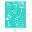 Nine white line drawings of festive mice on a teal background, each in a holiday scene: with gifts, candy, stocking, snowman, sled, and winter clothes. Image dimensions are 8½ inches wide by 11 inches tall.