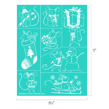 Show details for Merry Mouse Nine white line drawings of festive mice on a teal background, each in a holiday scene: with gifts, candy, stocking, snowman, sled, and winter clothes. Image dimensions are 8½ inches wide by 11 inches tall.