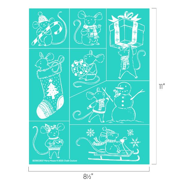 Nine white line drawings of festive mice on a teal background, each in a holiday scene: with gifts, candy, stocking, snowman, sled, and winter clothes. Image dimensions are 8½ inches wide by 11 inches tall.