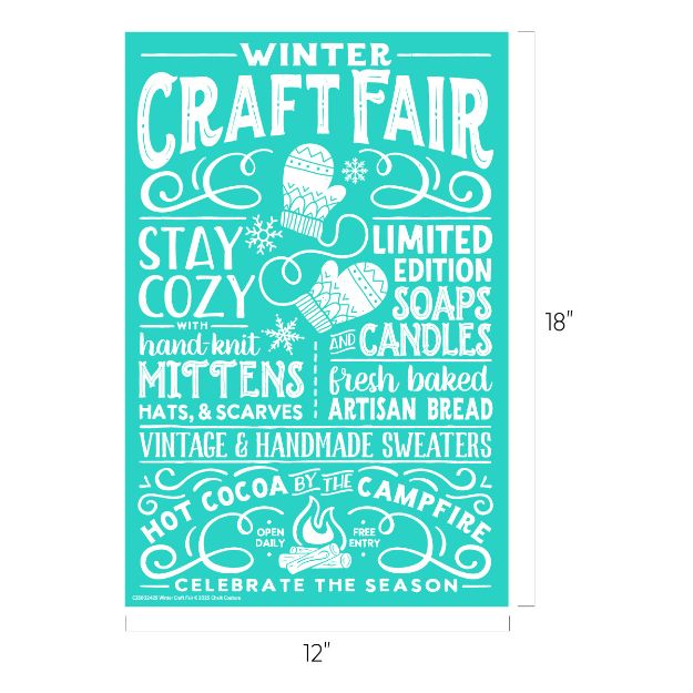 Teal and white poster for a Winter Craft Fair featuring text about cozy handmade items, limited edition soaps and candles, fresh baked bread, hot cocoa, and seasonal celebration. Poster measures 12" x 18".
