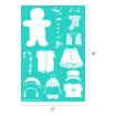 A teal stencil sheet, 12 by 18 inches, featuring a gingerbread person outline and various holiday-themed accessories, such as hats, scarves, glasses, vests, a skirt, a candy cane, and decorative buttons.