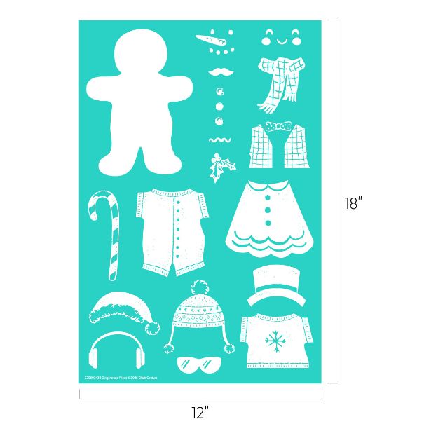 A teal stencil sheet, 12 by 18 inches, featuring a gingerbread person outline and various holiday-themed accessories, such as hats, scarves, glasses, vests, a skirt, a candy cane, and decorative buttons.
