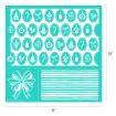 Turquoise stencil sheet with white holiday designs, including ornaments, trees, candy canes, gifts, bows, candles, and lines; overall size is 18 inches by 18 inches.