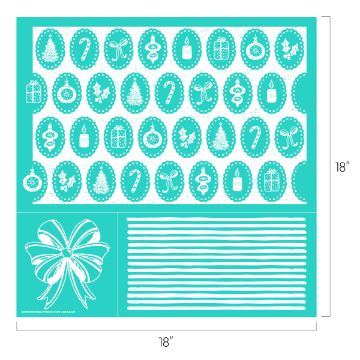 Show details for Holiday Presents Turquoise stencil sheet with white holiday designs, including ornaments, trees, candy canes, gifts, bows, candles, and lines; overall size is 18 inches by 18 inches.