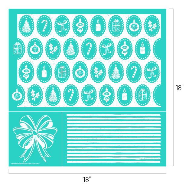 Turquoise stencil sheet with white holiday designs, including ornaments, trees, candy canes, gifts, bows, candles, and lines; overall size is 18 inches by 18 inches.