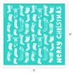 Teal square with white Christmas stockings pattern and holly; "Merry Christmas" written vertically in bold, playful letters on the right side. Dimensions are 18 inches by 18 inches.