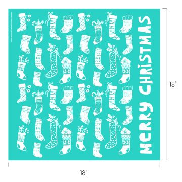 Show details for Christmas Stockings Teal square with white Christmas stockings pattern and holly; "Merry Christmas" written vertically in bold, playful letters on the right side. Dimensions are 18 inches by 18 inches.