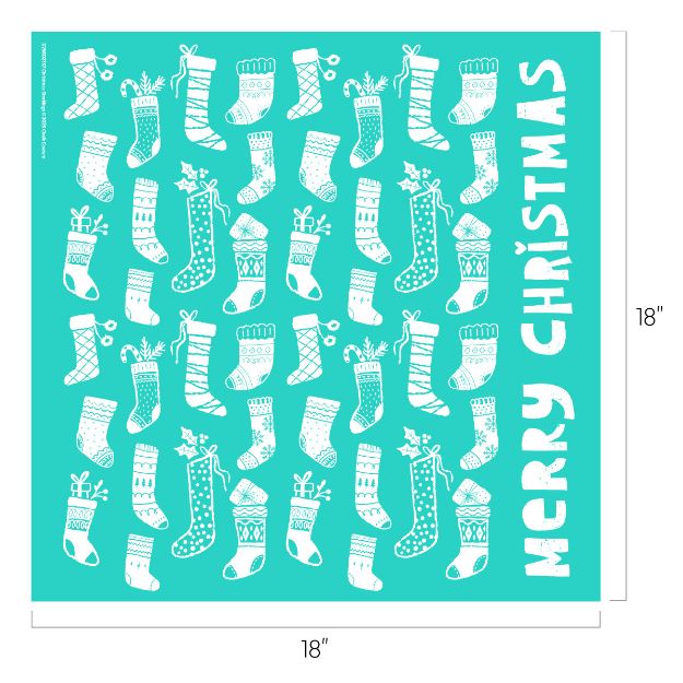 Teal square with white Christmas stockings pattern and holly; "Merry Christmas" written vertically in bold, playful letters on the right side. Dimensions are 18 inches by 18 inches.