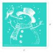 White line drawing of a smiling snowman with a scarf and top hat, a cardinal perched on its carrot nose, and snowflakes falling around them, all on a teal background. The image is square, measuring 9 by 9 inches.