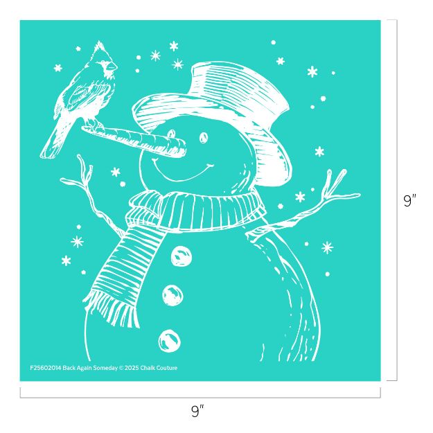 White line drawing of a smiling snowman with a scarf and top hat, a cardinal perched on its carrot nose, and snowflakes falling around them, all on a teal background. The image is square, measuring 9 by 9 inches.