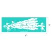 A turquoise rectangle measuring 18 by 6 inches features white cartoon elves pulling and decorating a large feathered tree with ornaments and a star at the tip.