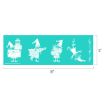 A teal rectangular stencil, 18 inches by 6 inches, features four whimsical elves in various holiday poses and a decorative border, all illustrated in white.
