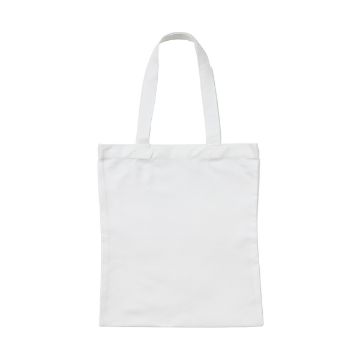 Show details for Heat Transfer Tote A plain white tote bag with two handles is displayed against a white background. The bag is empty and unadorned.