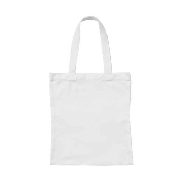 A plain white tote bag with two handles is displayed against a white background. The bag is empty and unadorned.