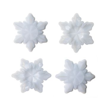 Show details for Snowflake Ornament Molds (4-Pack) Four white, plastic, snowflake-shaped molds are arranged in a square on a plain white background. Each mold has a unique snowflake pattern with six points.