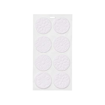 Show details for Floral Rounds Artisan Add-Ons A white rectangular sheet displaying eight round, white coasters with various embossed floral and geometric patterns, arranged in two columns and four rows.