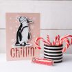 A card with a drawing of a penguin wearing a winter hat and the word "chillin'" stands next to a striped cup filled with candy canes and a small glass jar of red candy sticks on a white surface.