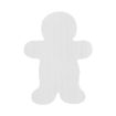 A flat, white, wooden cutout in the shape of a simplified gingerbread person, shown against a plain white background.