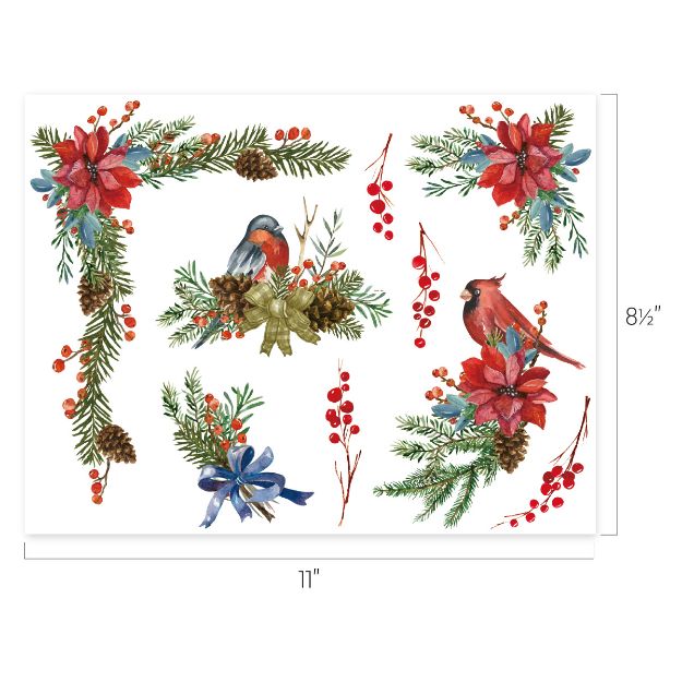 A festive holiday illustration featuring red poinsettias, evergreen branches, pinecones, red berries, a bluebird, and a cardinal, arranged around an 11 by 8.5 inch white sheet.