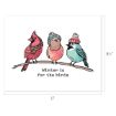 Illustration of three birds wearing winter hats and scarves perched on a branch, with the text "Winter is for the birds" below them. Dimensions 11 inches wide by 8.5 inches tall are indicated.