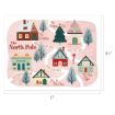 Illustrated map of the North Pole featuring colorful, whimsical buildings and labeled locations: The Workshop, The Christmas Tree, Mistletoe Lane, The Post Office, Mr. & Mrs. Claus, Candy Cane Drive, Shop Road, and Gingerbread Way.