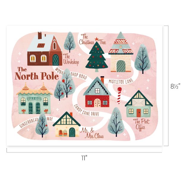 Illustrated map of the North Pole featuring colorful, whimsical buildings and labeled locations: The Workshop, The Christmas Tree, Mistletoe Lane, The Post Office, Mr. & Mrs. Claus, Candy Cane Drive, Shop Road, and Gingerbread Way.