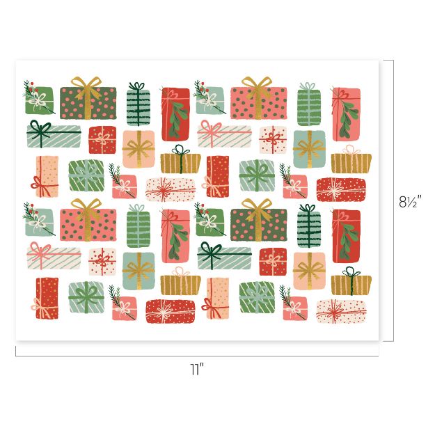 A pattern of various wrapped gift boxes in red, green, gold, and pink with different ribbon and bow styles. The image measures 11 inches wide by 8.5 inches tall.
